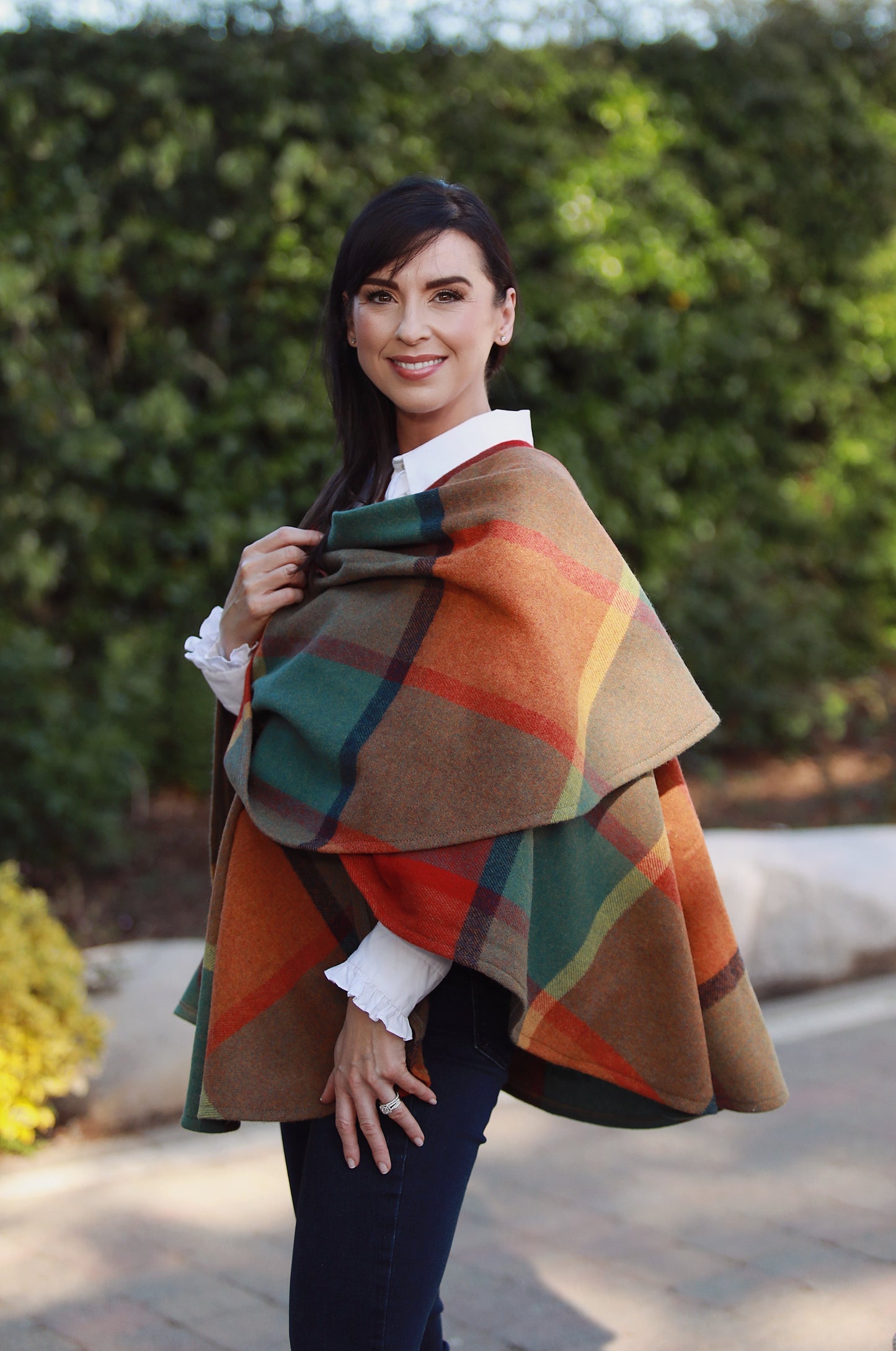 Lambswool Cape Orange Green Yellow Wine Check