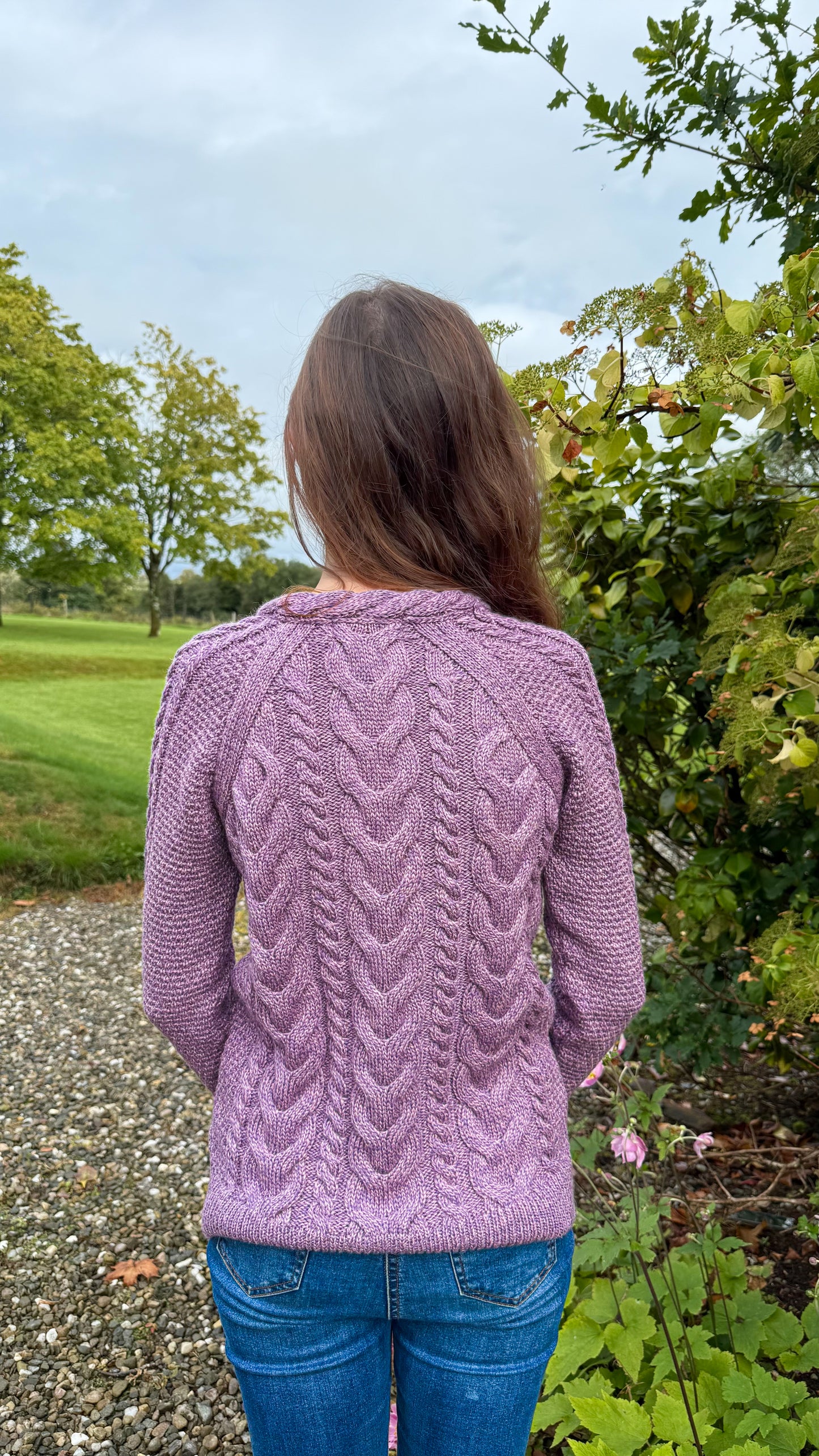 Merino Wool Aran Knit Cardigan -Heather Lilac