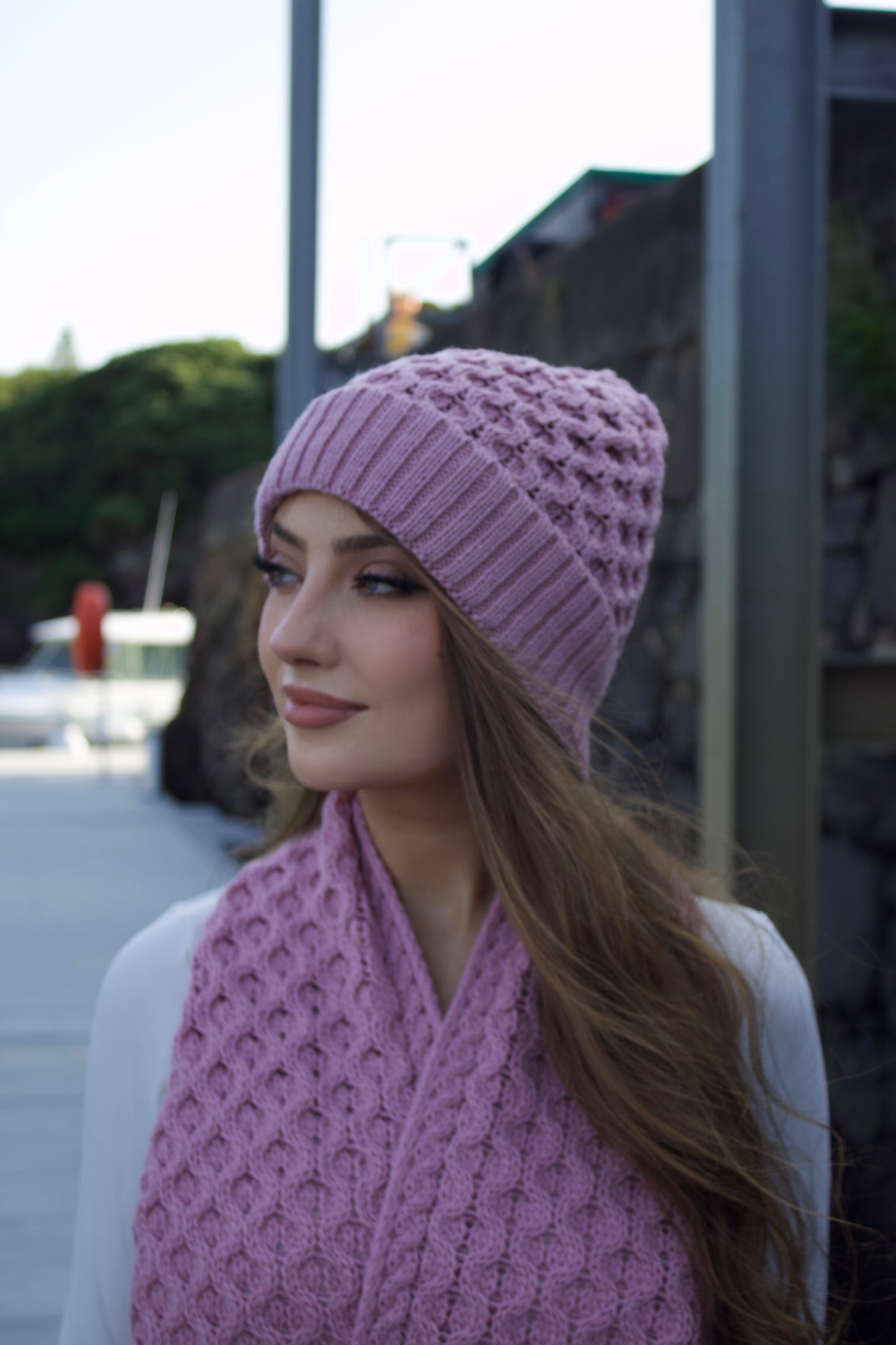 Blush Pink Merino Wool Hat & Scarf Set