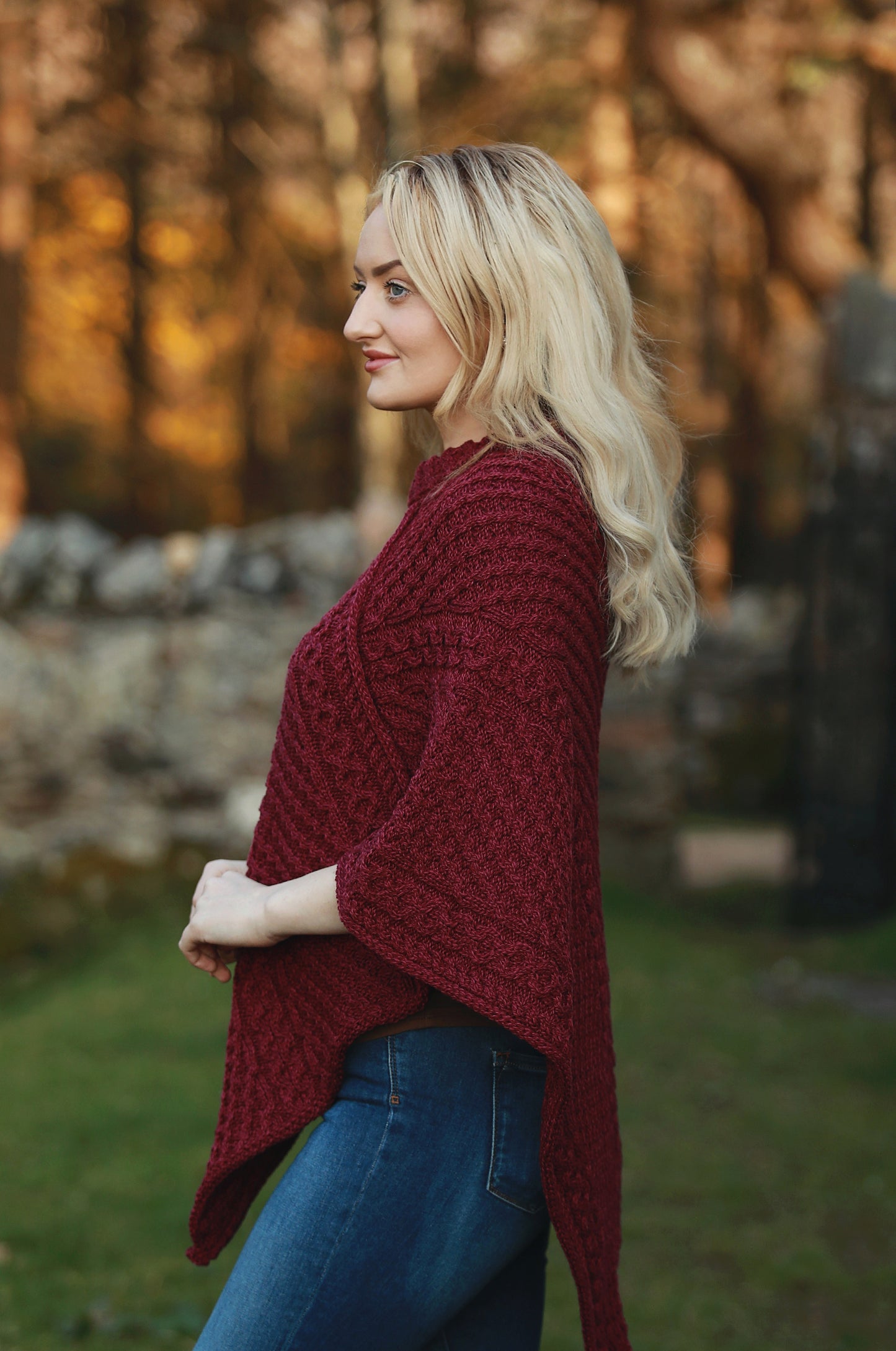 Raspberry Aran Knit Poncho