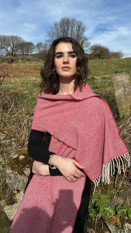 Luxurious Handcrafted Cashmere Blend Herringbone Scarf in Cherry Red