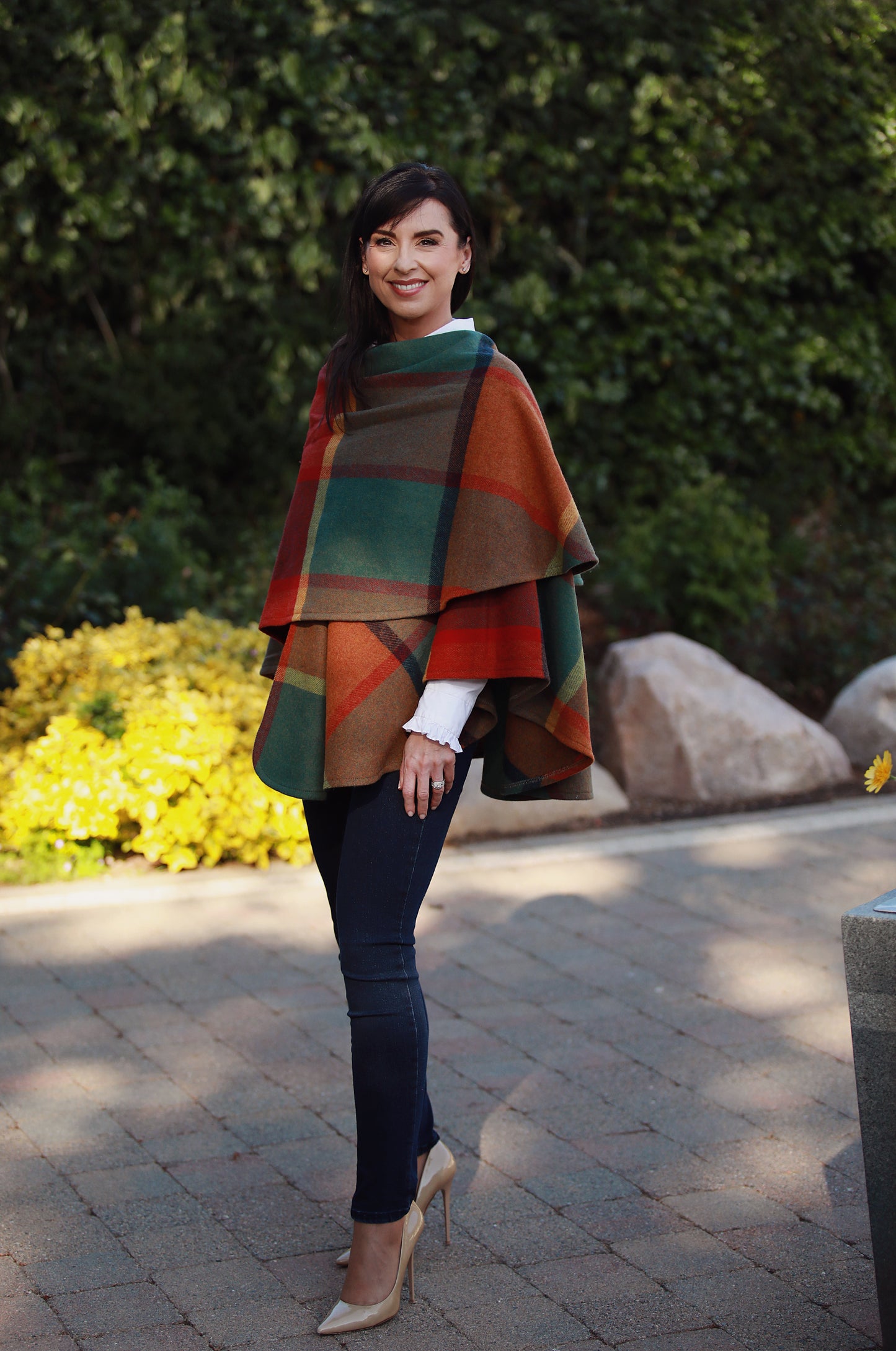 Lambswool Cape Orange Green Yellow Wine Check