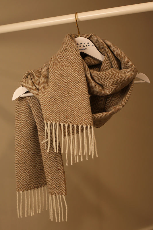 Luxurious Handcrafted Cashmere Blend Herringbone Scarf in Beige