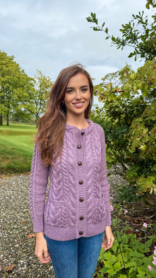Merino Wool Aran Knit Cardigan -Heather Lilac