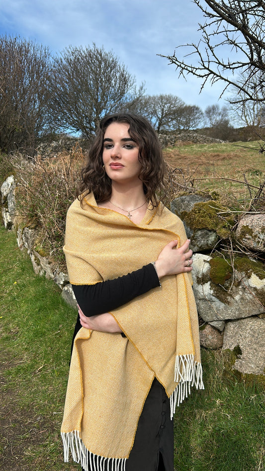 Luxurious Handcrafted Cashmere Blend Herringbone Scarf in Butter Yellow
