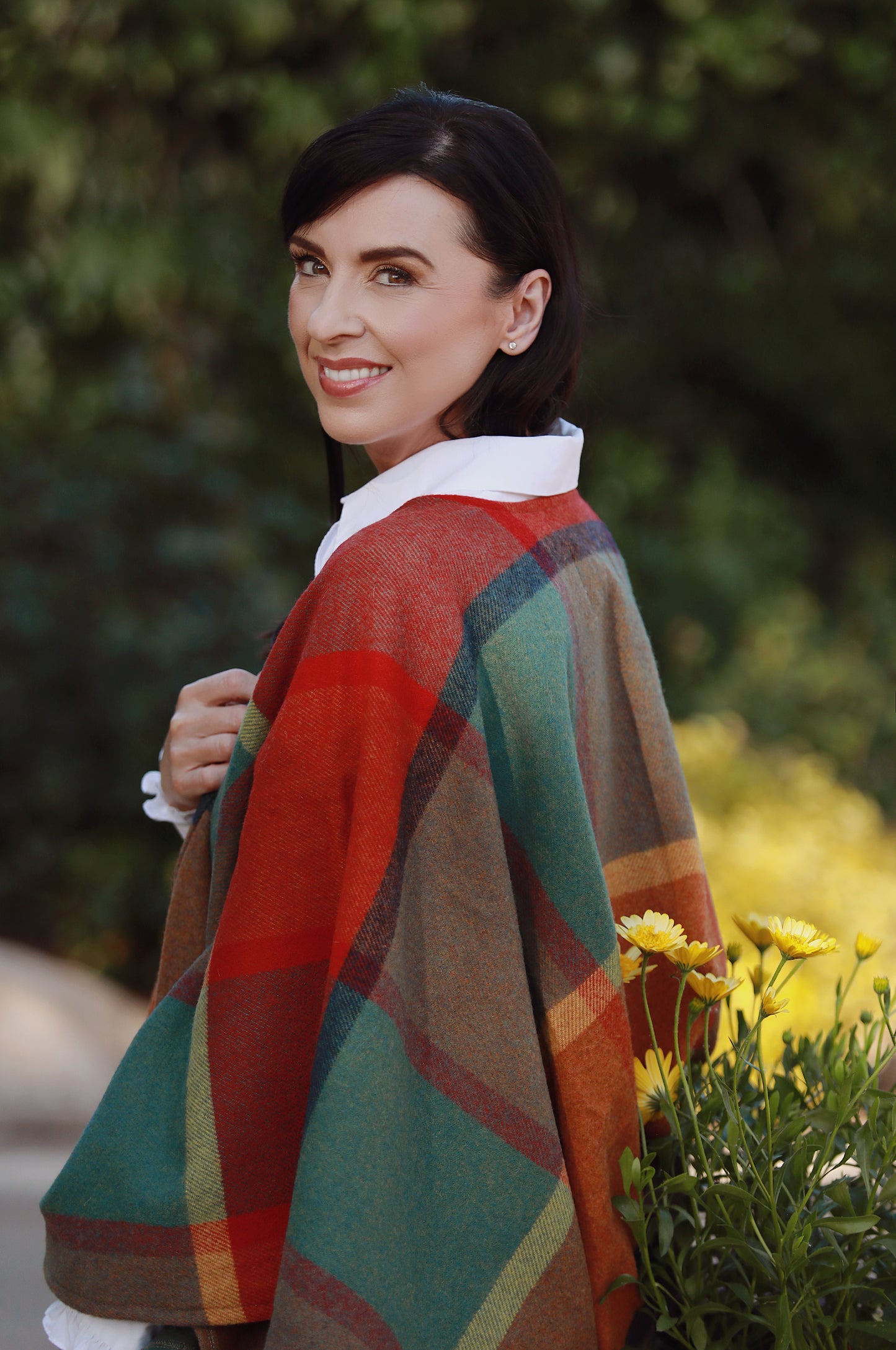 Lambswool Cape Orange Green Yellow Wine Check