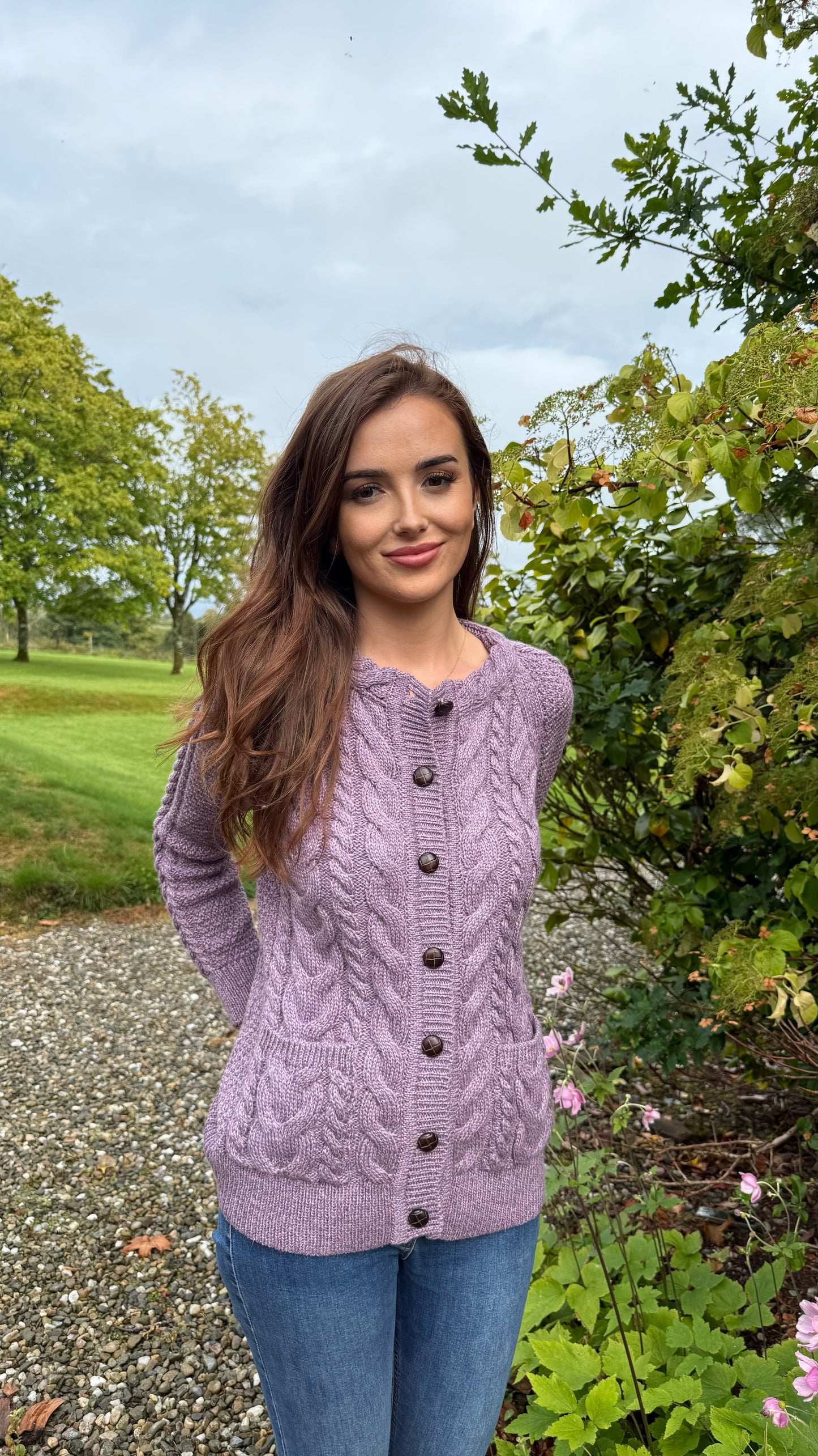 Merino Wool Aran Knit Cardigan -Heather Lilac