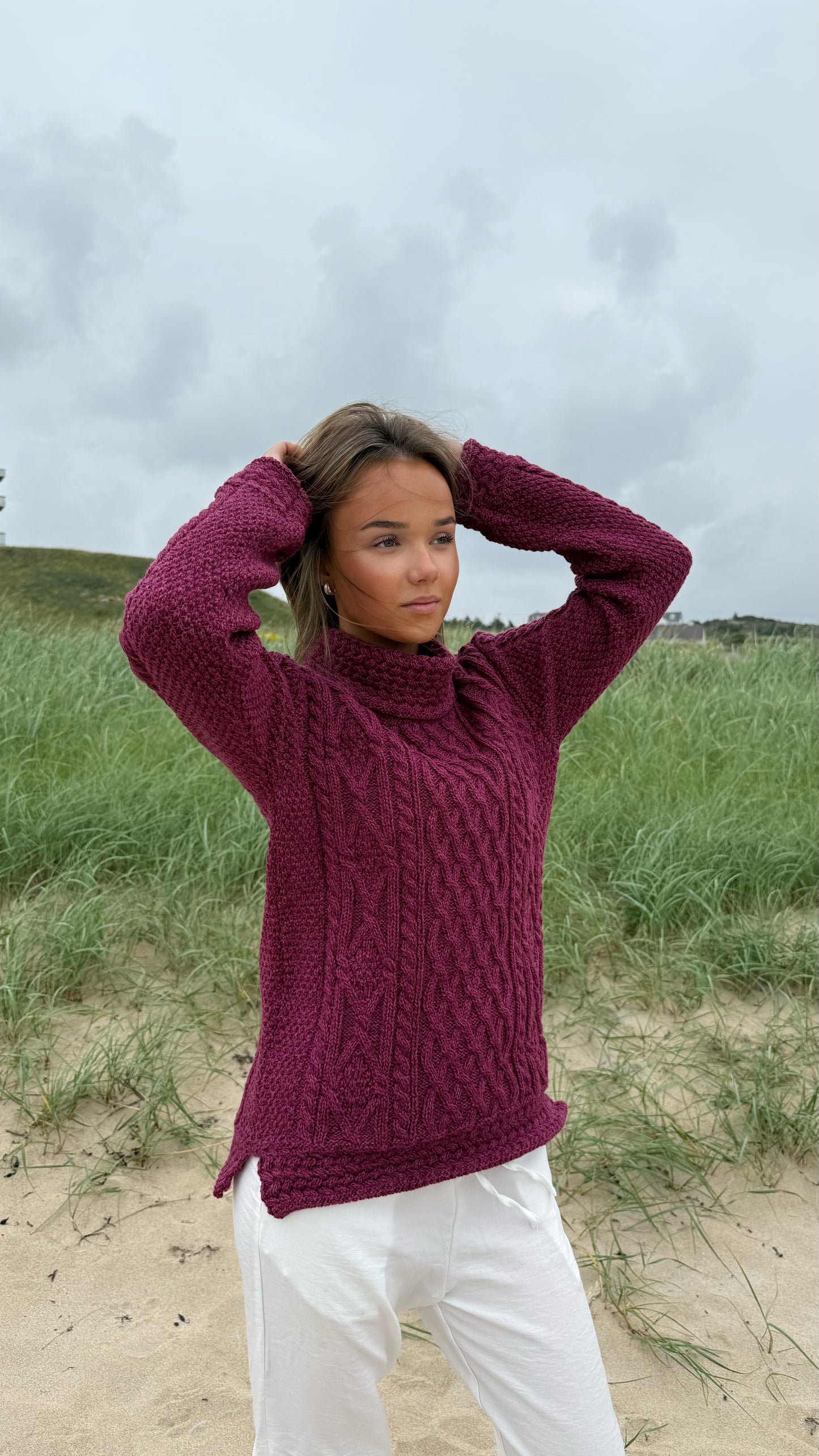 Raspberry Marl Aran Pullover