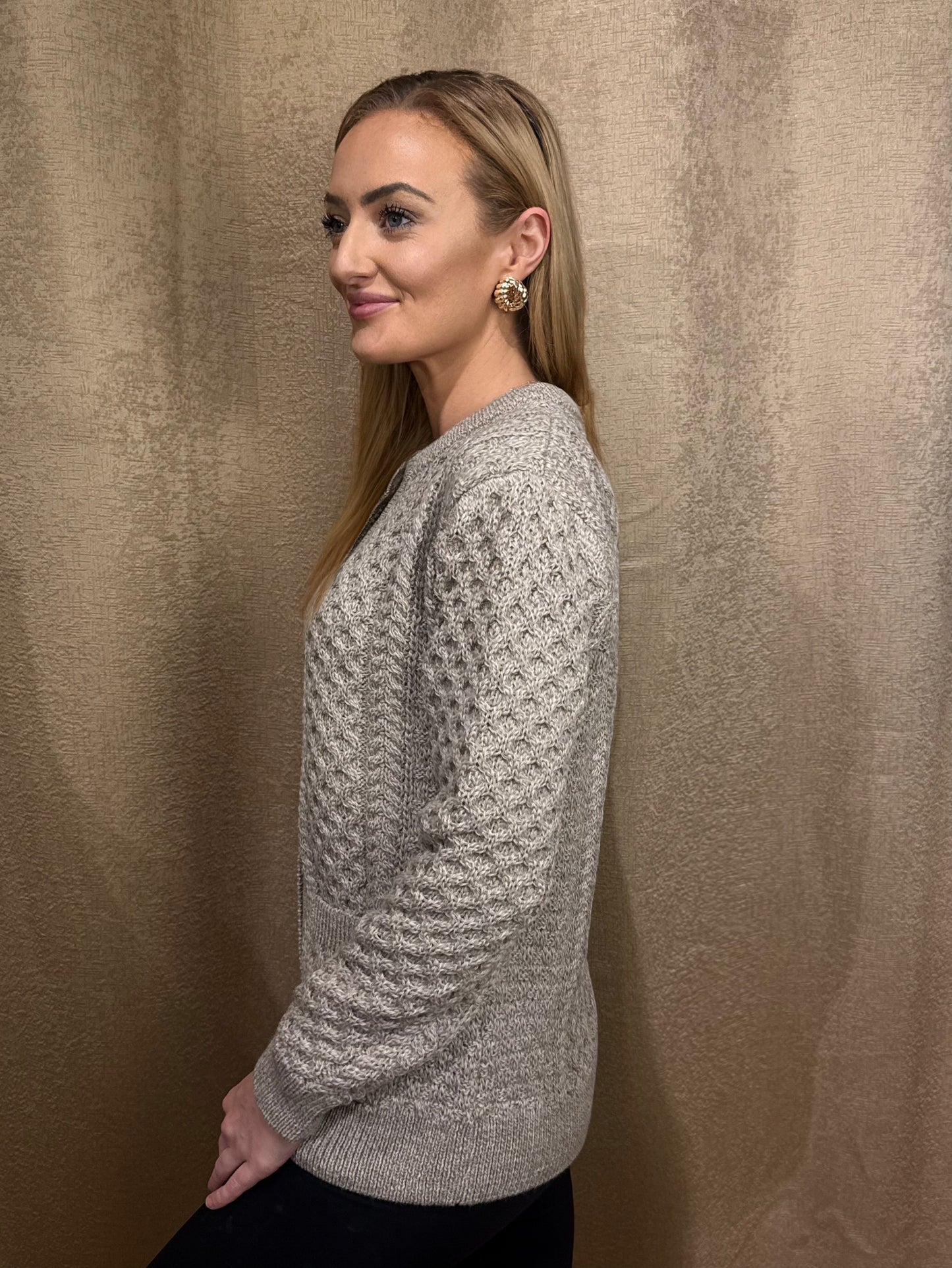 Classic Oatmeal Aran Cardigan – 100% Merino Wool