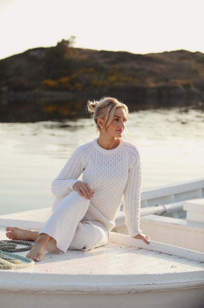 Aran Crew Neck Classic Sweater-Natural
