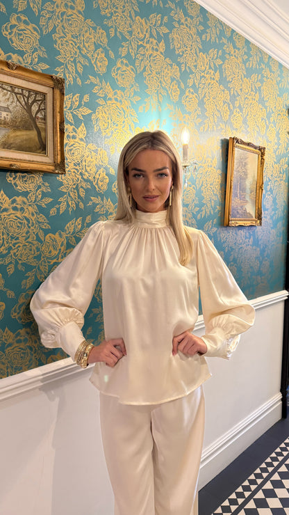 Luxury Satin High Neck Top – Cream