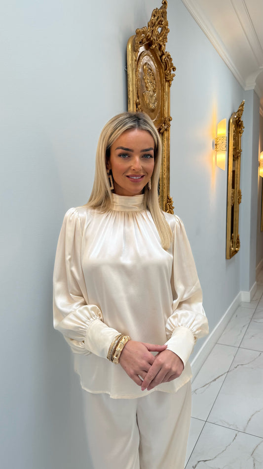 Luxury Satin High Neck Top – Cream