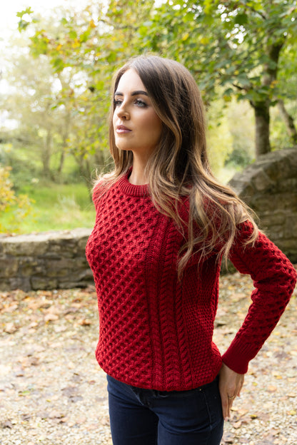 Aran Crew Neck 100% Merino- Red