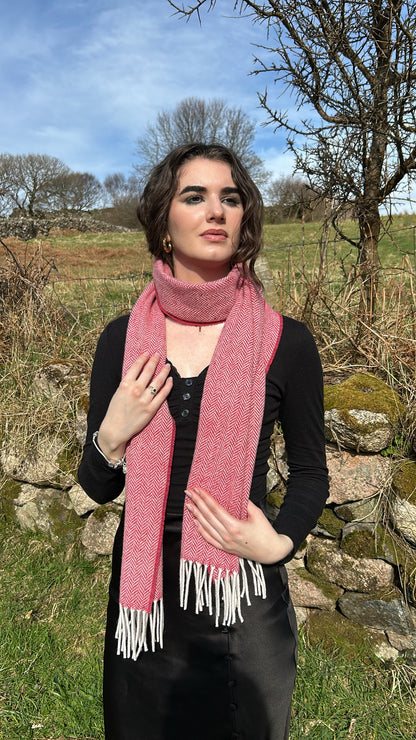 Luxurious Handcrafted Cashmere Blend Herringbone Scarf in Cherry Red