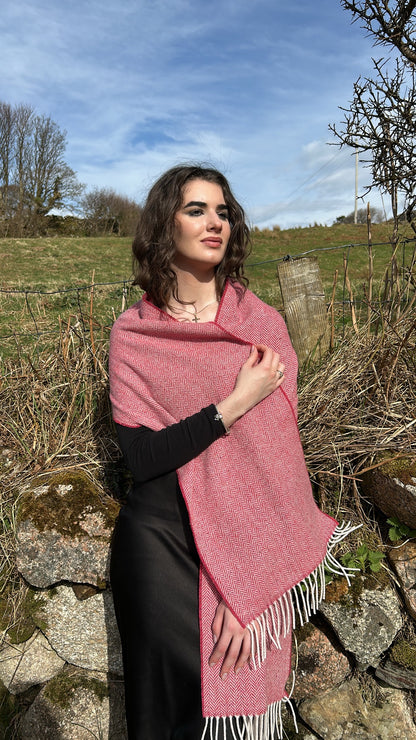 Luxurious Handcrafted Cashmere Blend Herringbone Scarf in Cherry Red