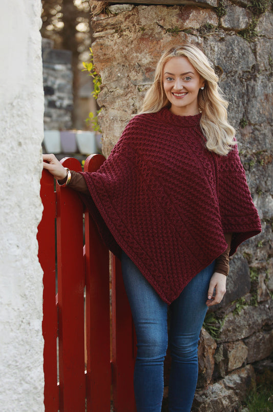 Raspberry Aran Knit Poncho