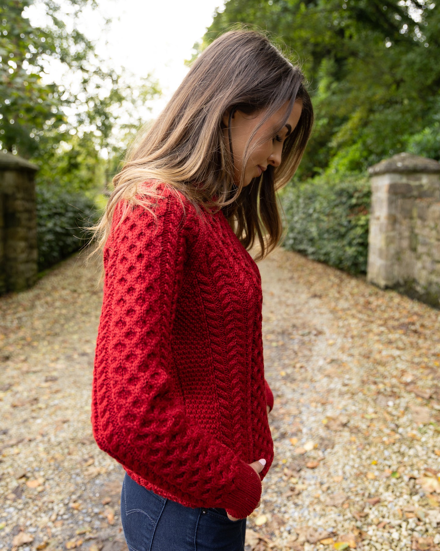 Aran Crew Neck 100% Merino- Red