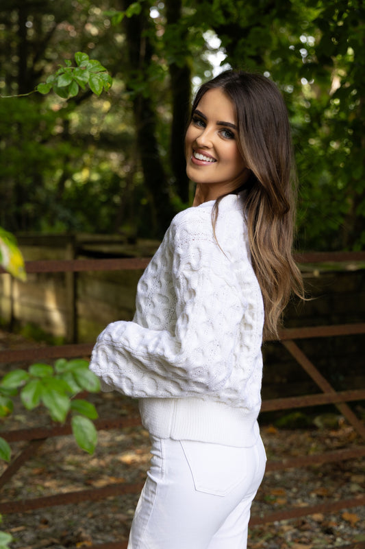 The Jenny (White) Cropped Aran Knit Cardigan – 100% Merino Wool