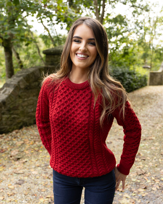 Aran Crew Neck 100% Merino- Red