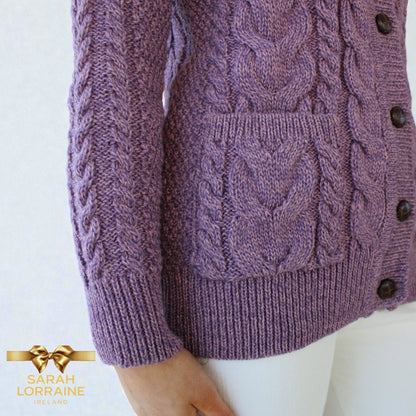 Merino Wool Aran Knit Cardigan -Heather Lilac