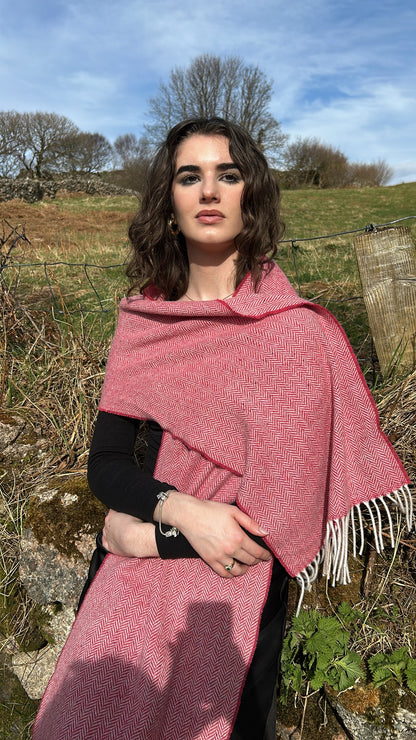 Luxurious Handcrafted Cashmere Blend Herringbone Scarf in Cherry Red