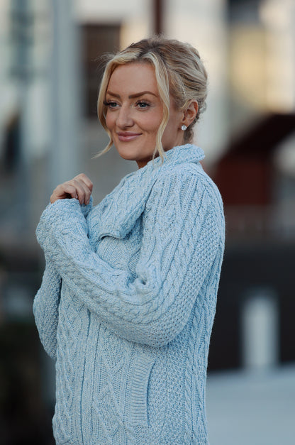 Aran Cable Knit Zip Sweater- Sky Blue