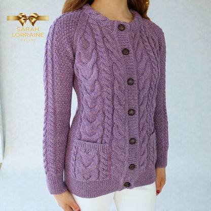 Merino Wool Aran Knit Cardigan -Heather Lilac