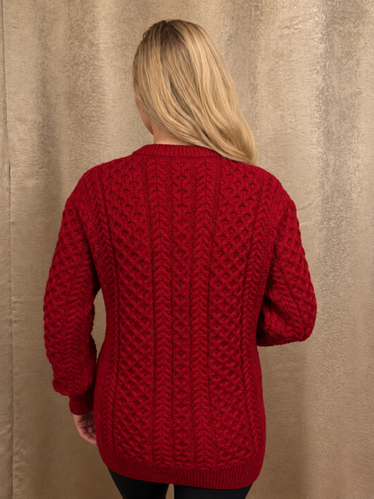 Classic Ruby Red Aran Cardigan – 100% Merino Wool