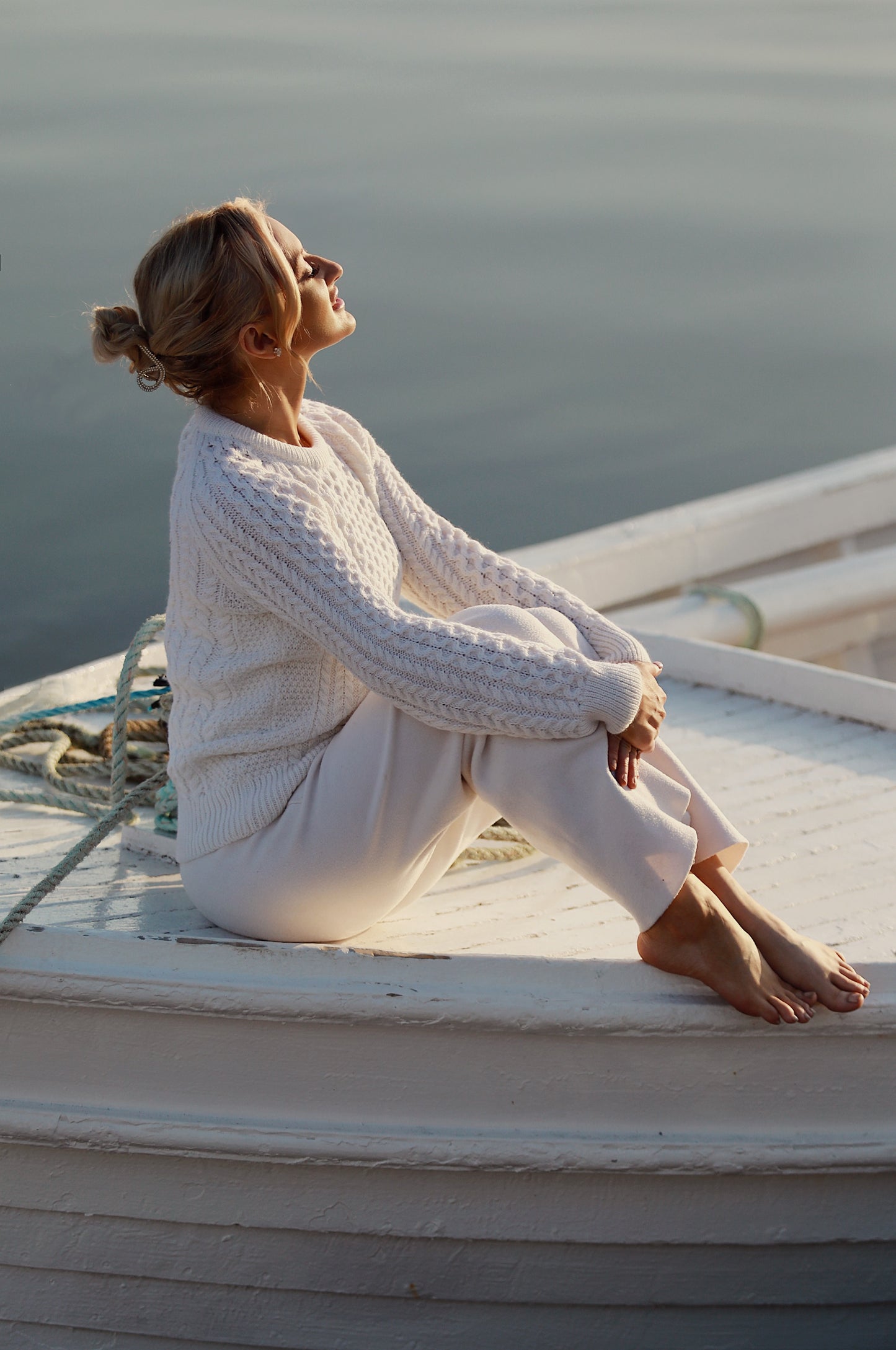 Aran Crew Neck Classic Sweater-Natural