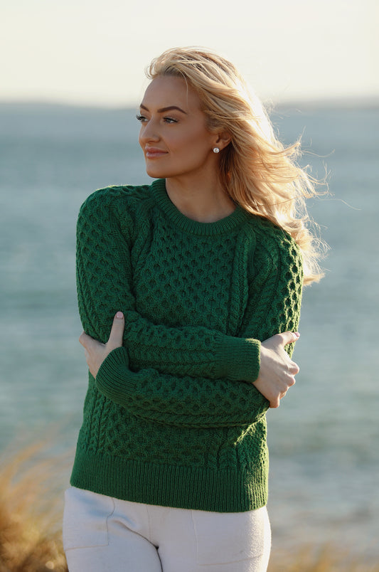 Aran Crew Neck- Emerald Green