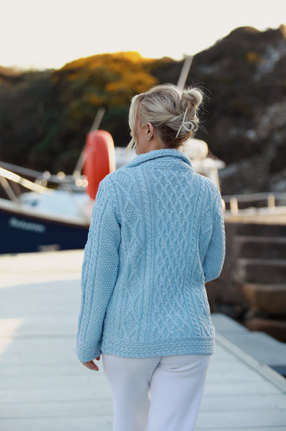 Aran Cable Knit Zip Sweater- Sky Blue