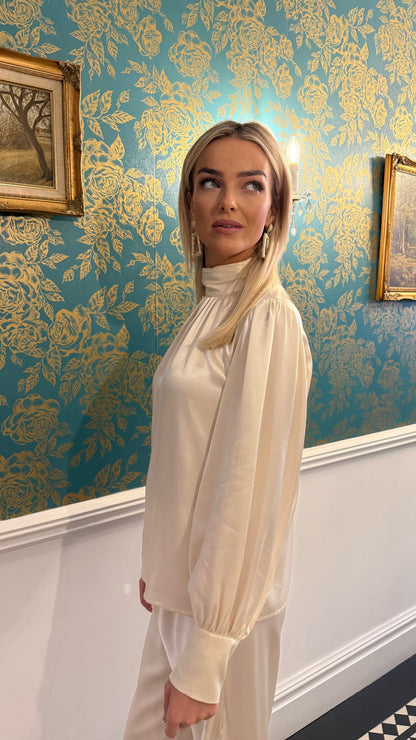 Luxury Satin High Neck Top – Cream