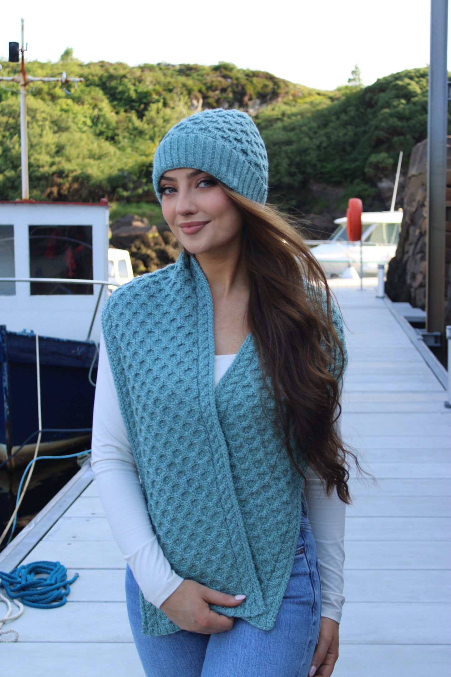 Aqua Merino Wool Hat & Scarf Set