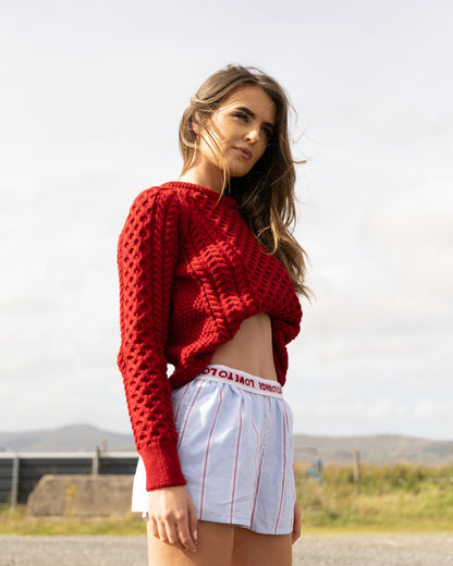 Aran Crew Neck 100% Merino- Red