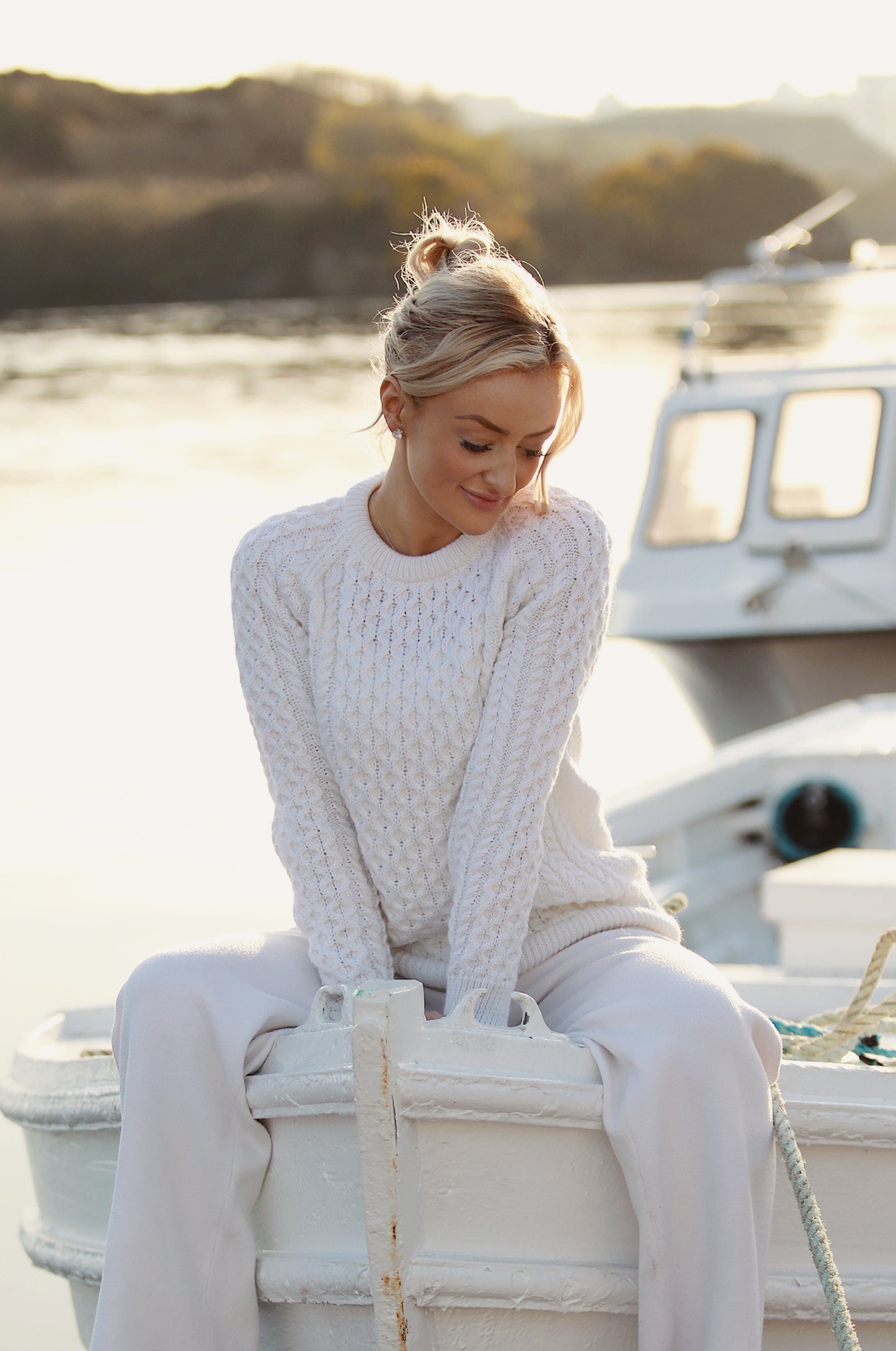 Aran Crew Neck Classic Sweater-Natural