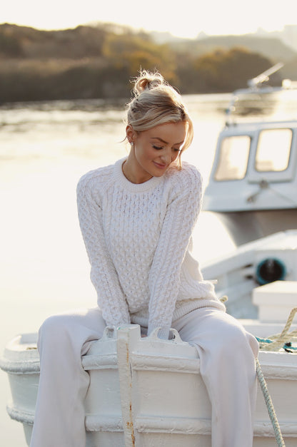 Aran Crew Neck Classic Sweater-Natural