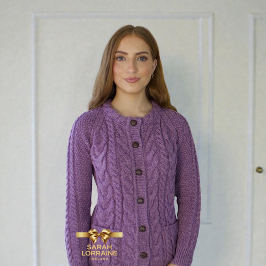 Merino Wool Aran Knit Cardigan -Heather Lilac