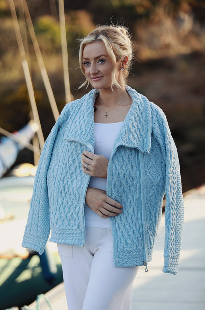 Aran Cable Knit Zip Sweater- Sky Blue