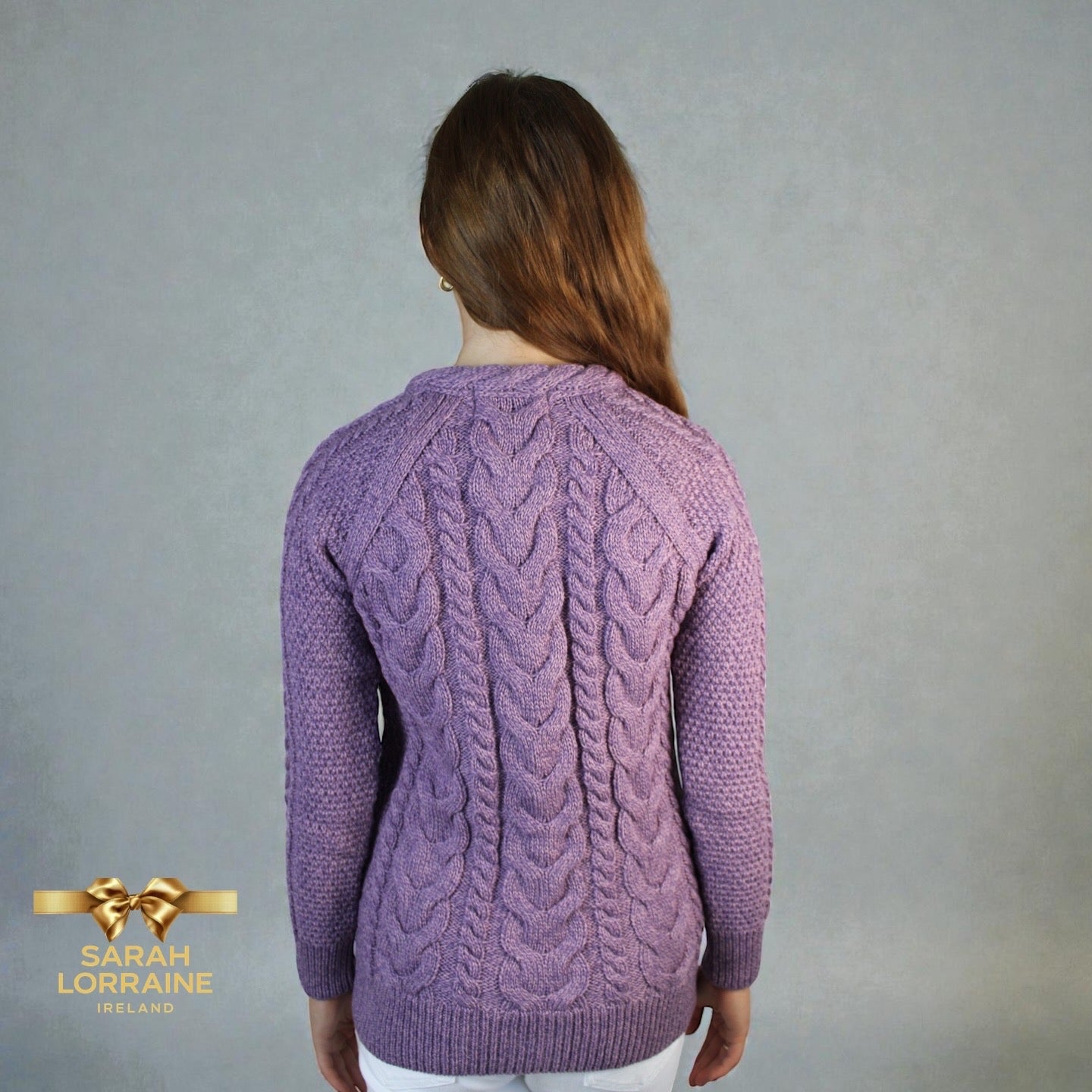 Merino Wool Aran Knit Cardigan -Heather Lilac
