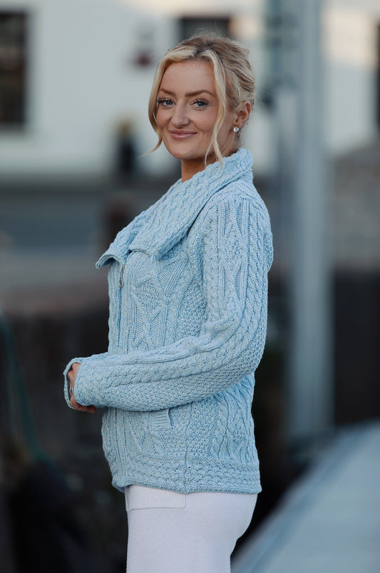 Aran Cable Knit Zip Sweater- Sky Blue
