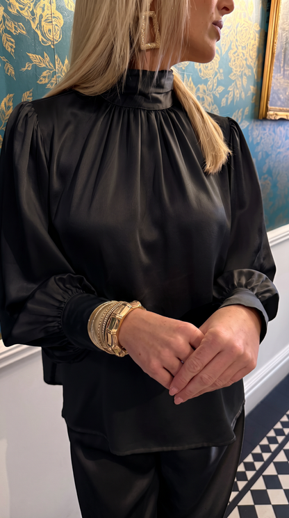 Luxury Satin High Neck Top – Black