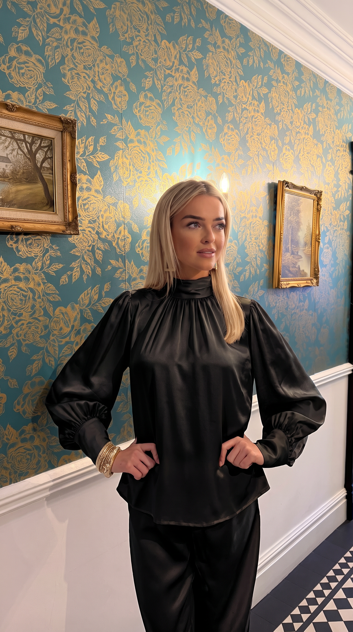 Luxury Satin High Neck Top – Black