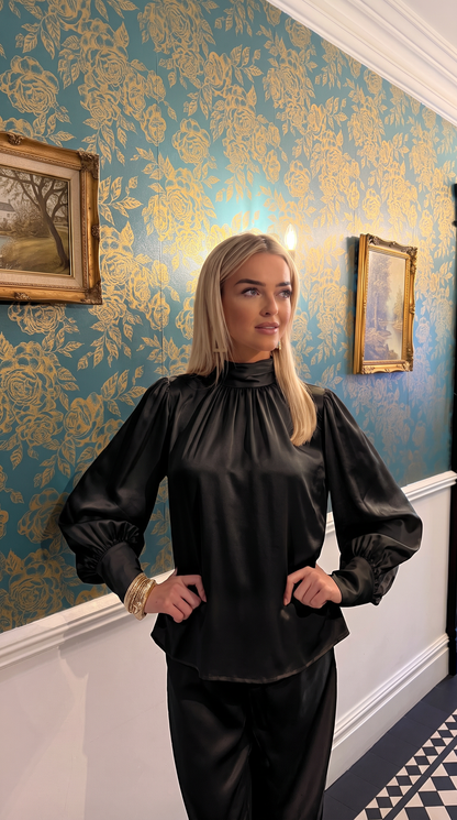 Luxury Satin High Neck Top – Black