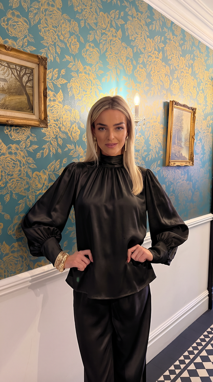 Luxury Satin High Neck Top – Black