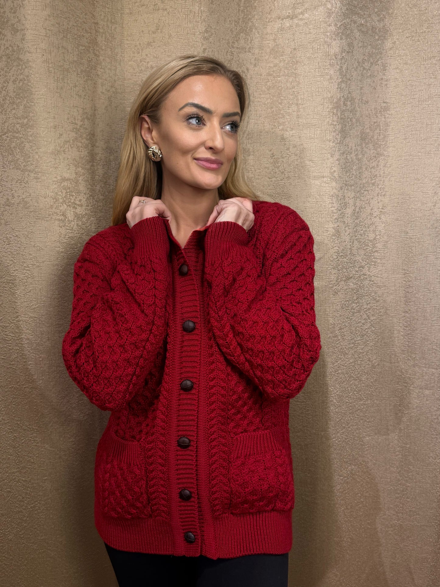 Classic Ruby Red Aran Cardigan – 100% Merino Wool