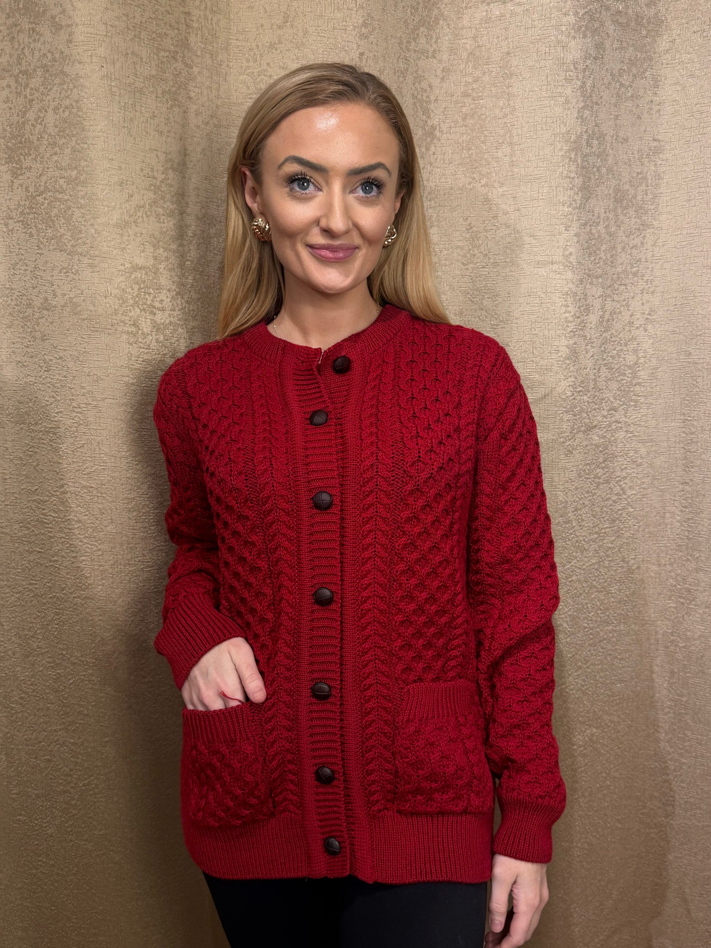 Classic Ruby Red Aran Cardigan – 100% Merino Wool