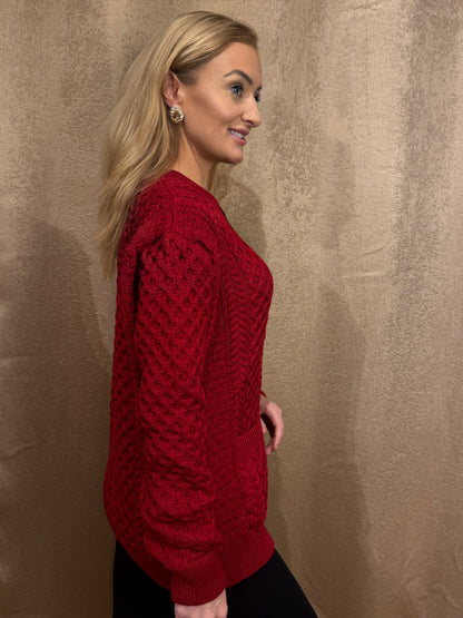 Classic Ruby Red Aran Cardigan – 100% Merino Wool