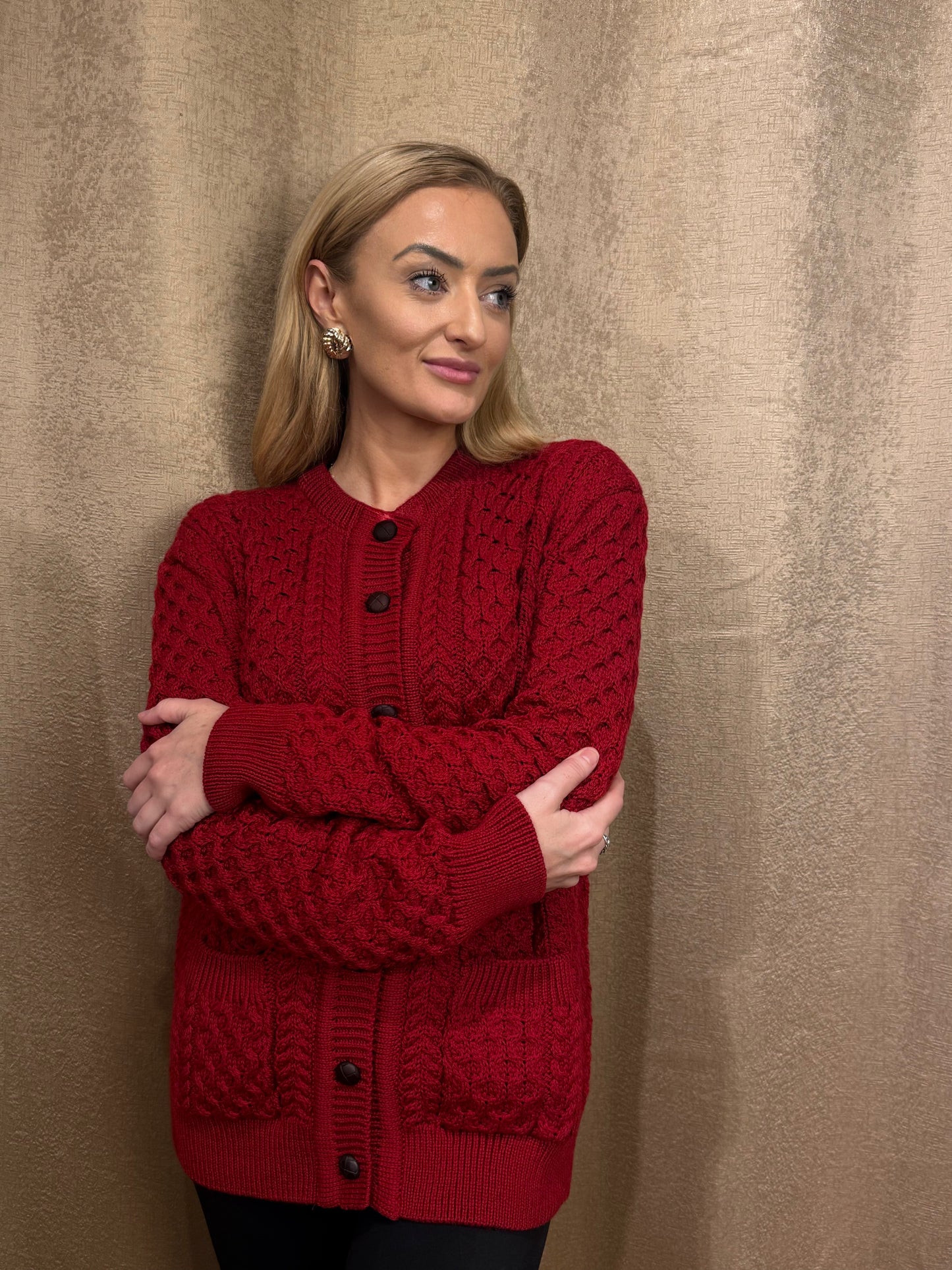 Classic Ruby Red Aran Cardigan – 100% Merino Wool