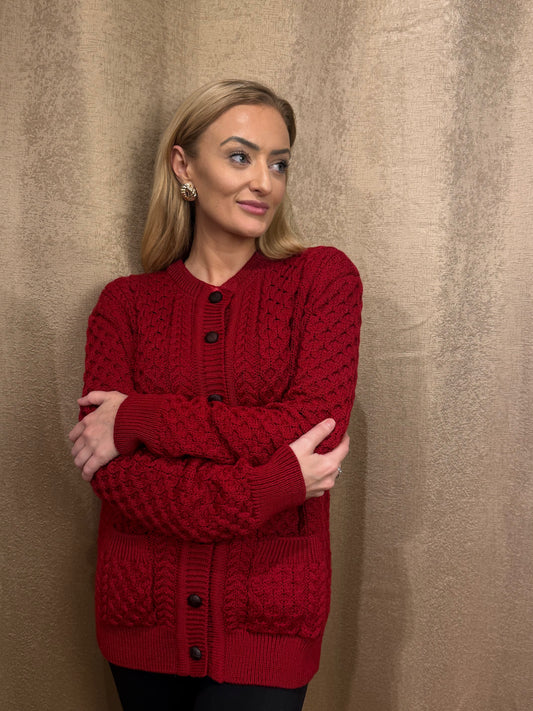 Classic Ruby Red Aran Cardigan – 100% Merino Wool