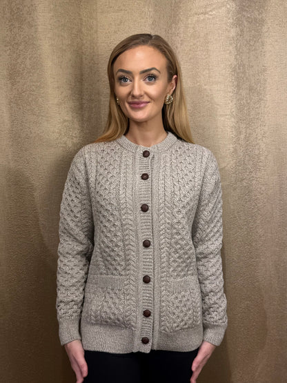 Classic Oatmeal Aran Cardigan – 100% Merino Wool